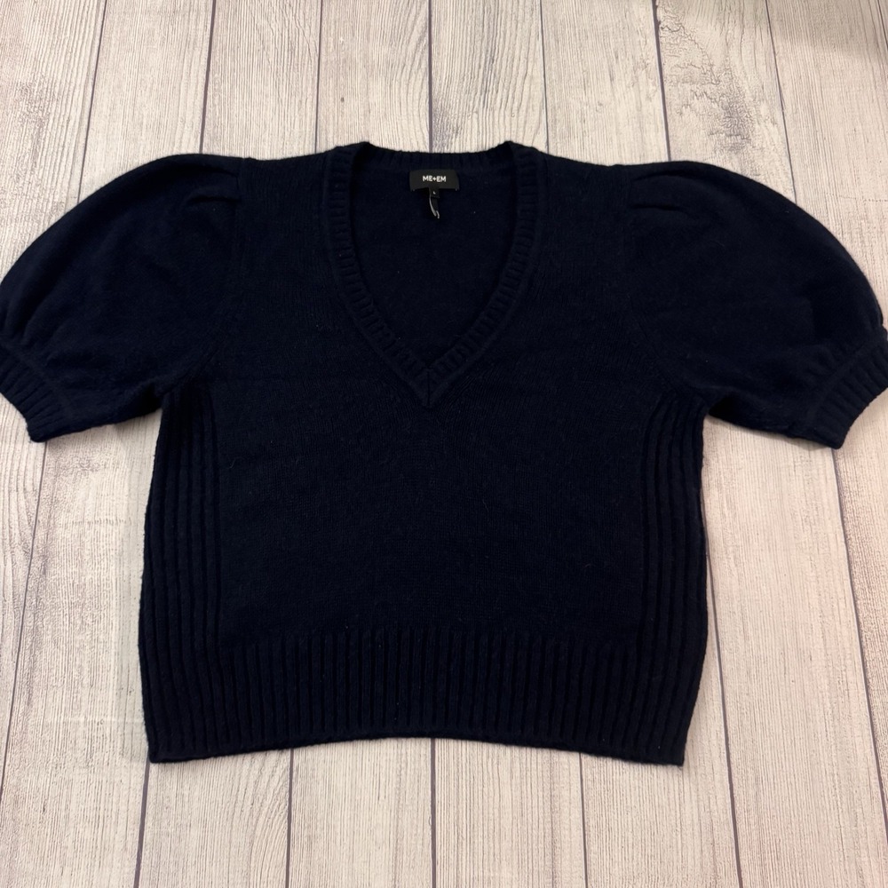 ME+EM Women L Navy Merino Wool Cashmere Silk Puff Sleeve V Neck Sweater